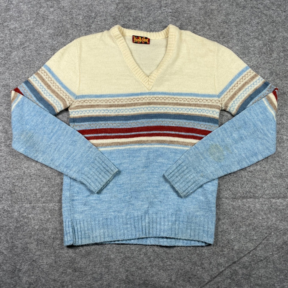 Vintage 70s King Scot V-Neck Sweater Mens XS/S Blue Fair Isle Striped Knit